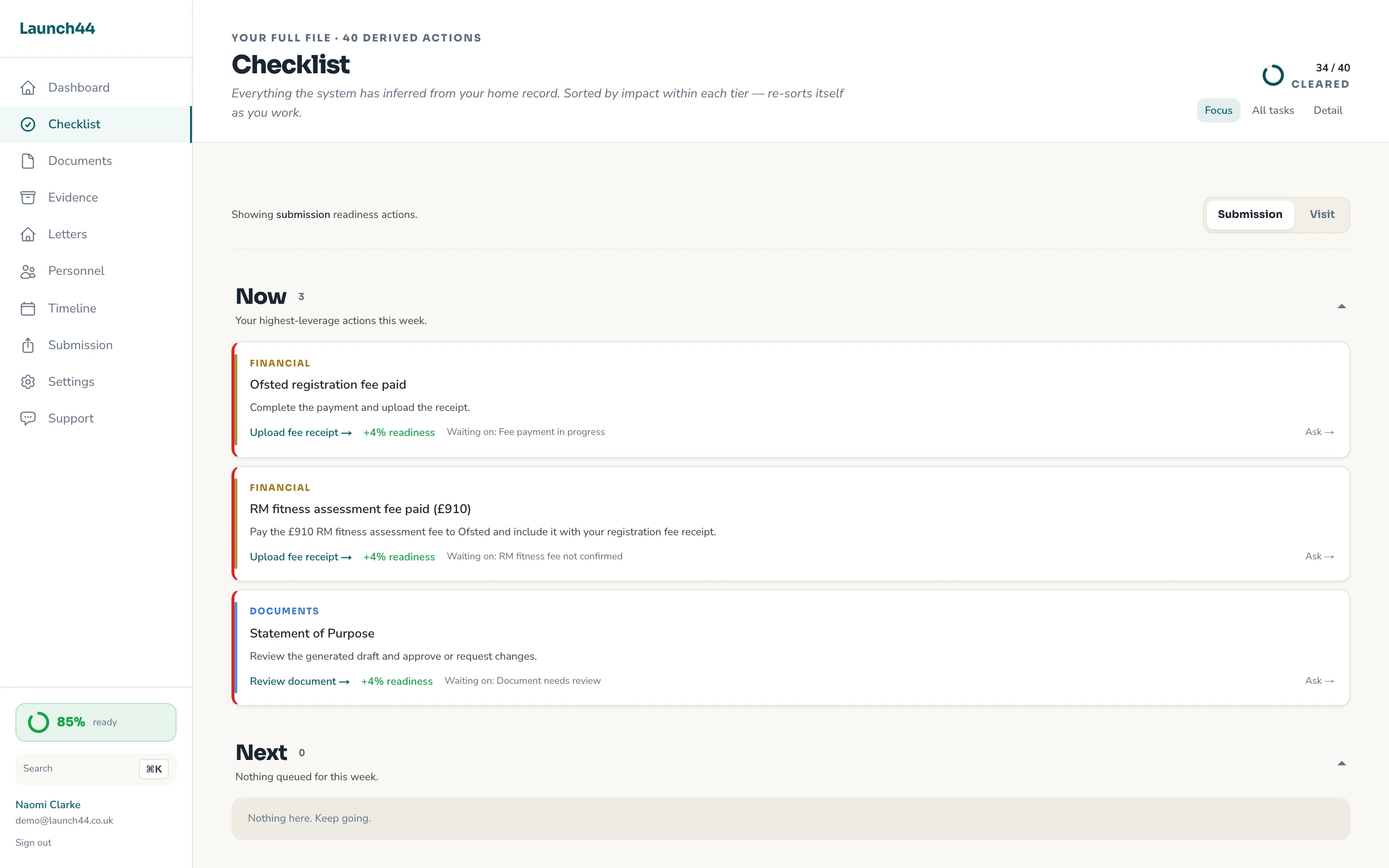 Launch44 checklist: 34 of 40 derived actions cleared, sorted into Now / Next / Later with readiness-impact badges and per-action Ask copilot links