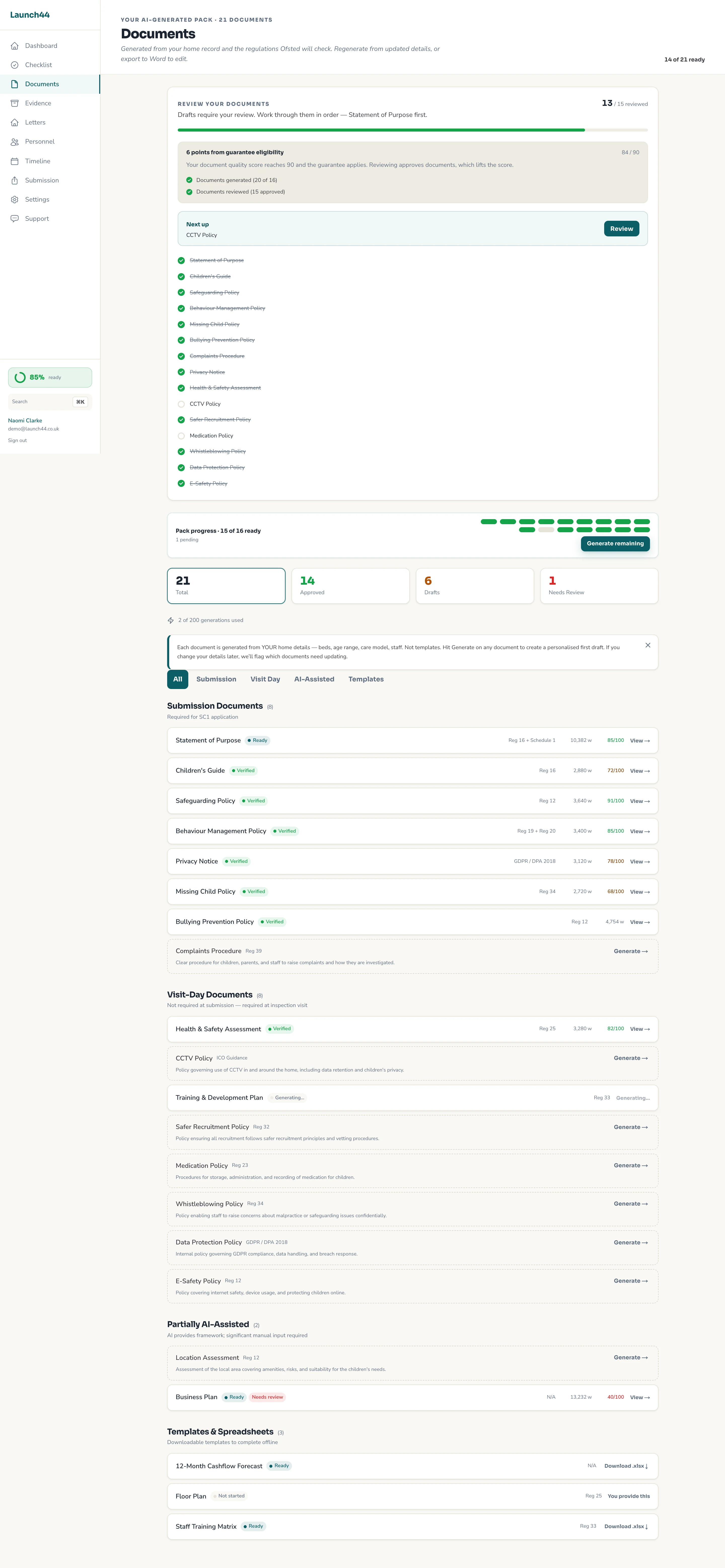 Launch44 document hub: the full 21-document pack with Verified / Ready / Generating statuses, regulation references and validation scores